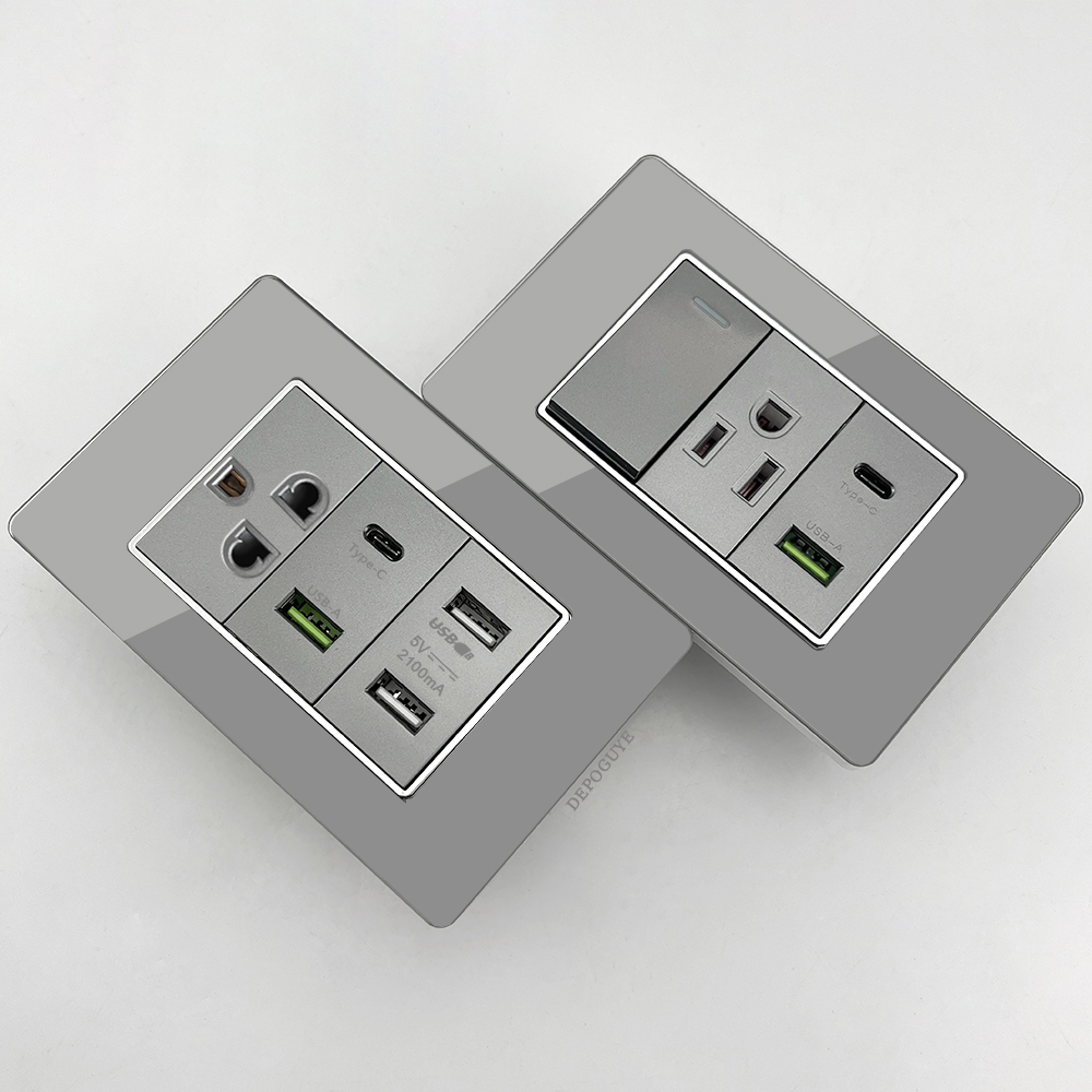 Smart Wall Socket - Grijze gehard glazen Amerikaanse USB Type-C